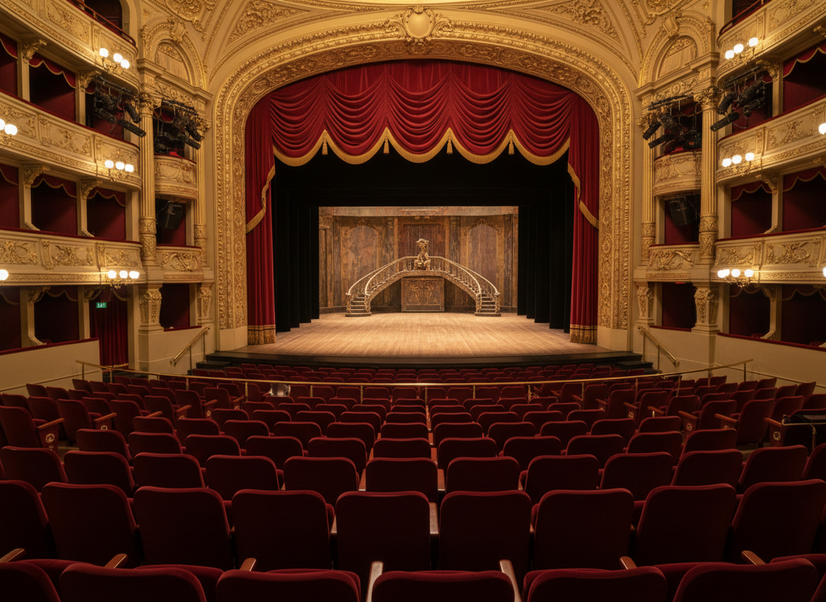 A grand, empty proscenium theatre captured in photographic realism, with plush deep-red velvet seats leading the eye toward an illuminated stage. The stage curtain is half-drawn, revealing a hint of ornate set pieces and polished wooden floorboards. Warm, golden overhead stage lights cast a gentle glow, creating soft reflections on brass railings and subtle shadows between the seats. Shot from the back of the stalls at eye level, the composition uses leading lines to emphasize depth and grandeur. The atmosphere is sophisticated and anticipatory, as though moments before a premiere, with a slightly shallow depth of field keeping the focus on the stage while the balcony tiers blur elegantly.
